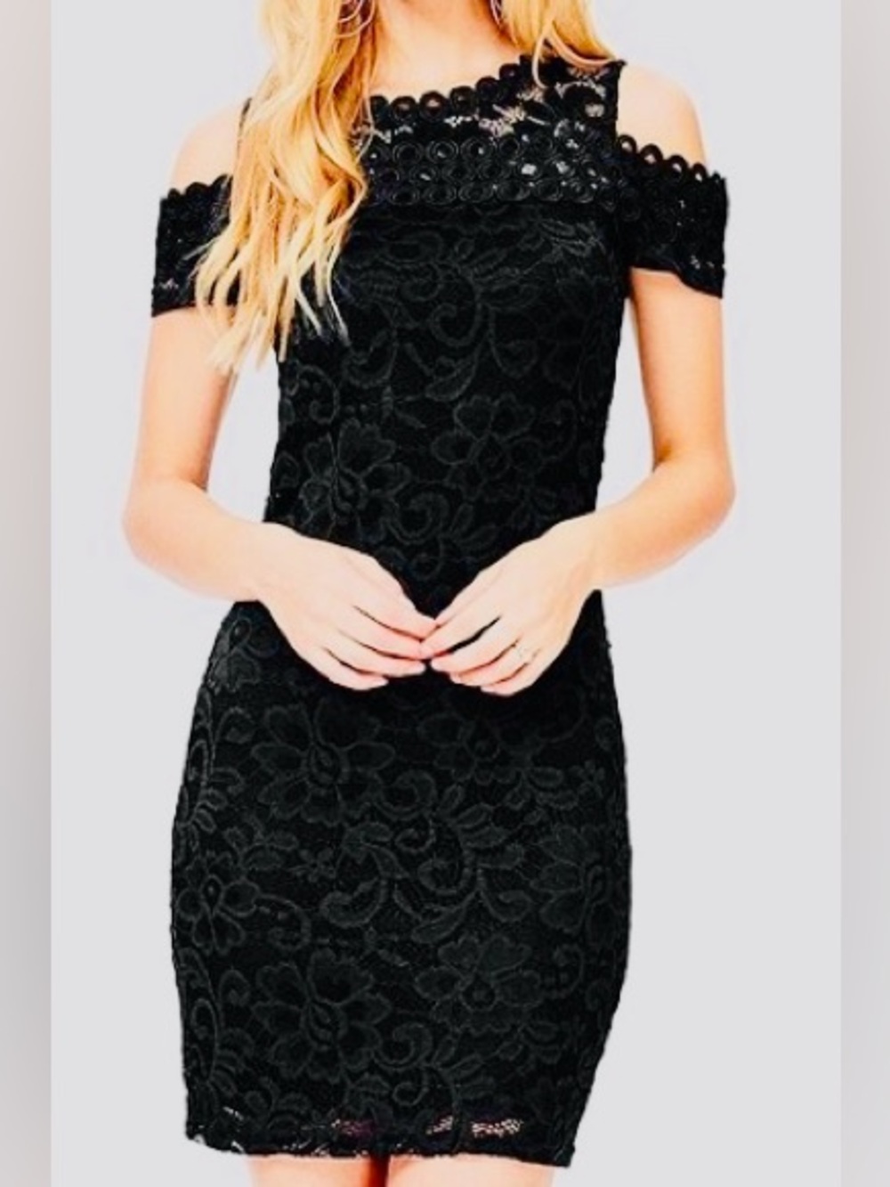 Papaya Black Floral Lace Sheer Cocktail Dress Cold Shoulder Short Sleeve